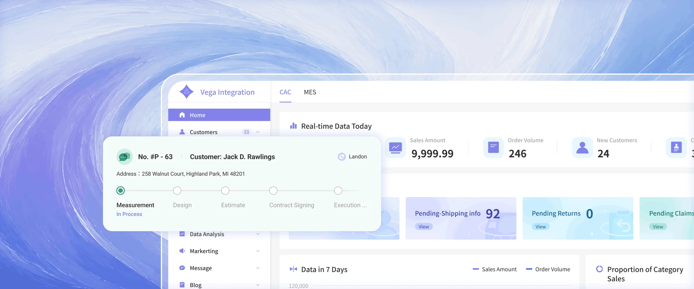 Vega business management dashboard connected with QuickBooks