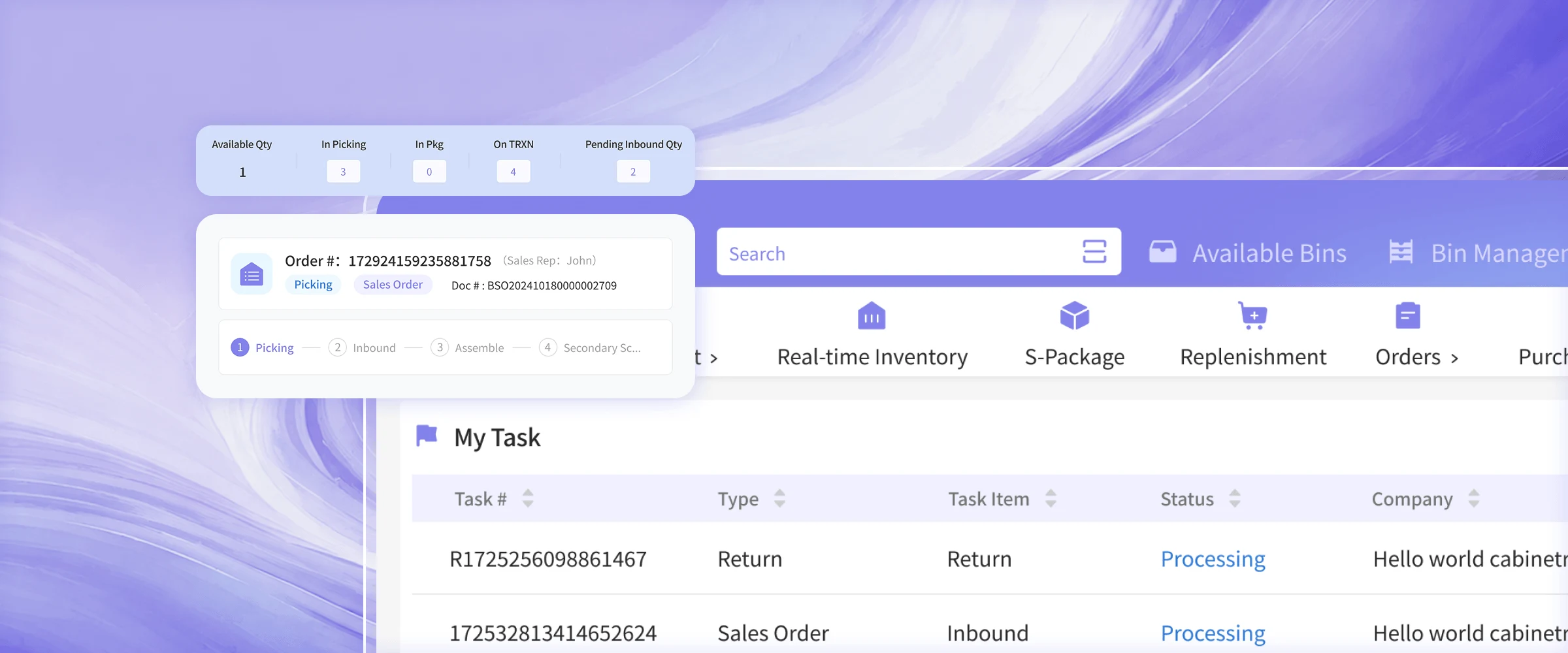 Vega real-time warehouse task and inventory dashboard