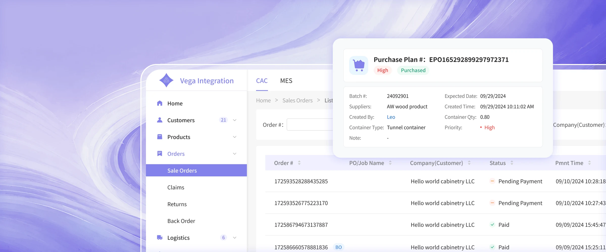 Vega order and purchasing workflow dashboard